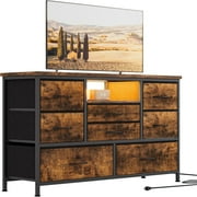 Garvee Dresser for Bedroom with LED Lights \u0026 Charging Station | 55'' TV Stand with 8 Drawers for Entertainment Center and Storage Console Table,Rustic Brown